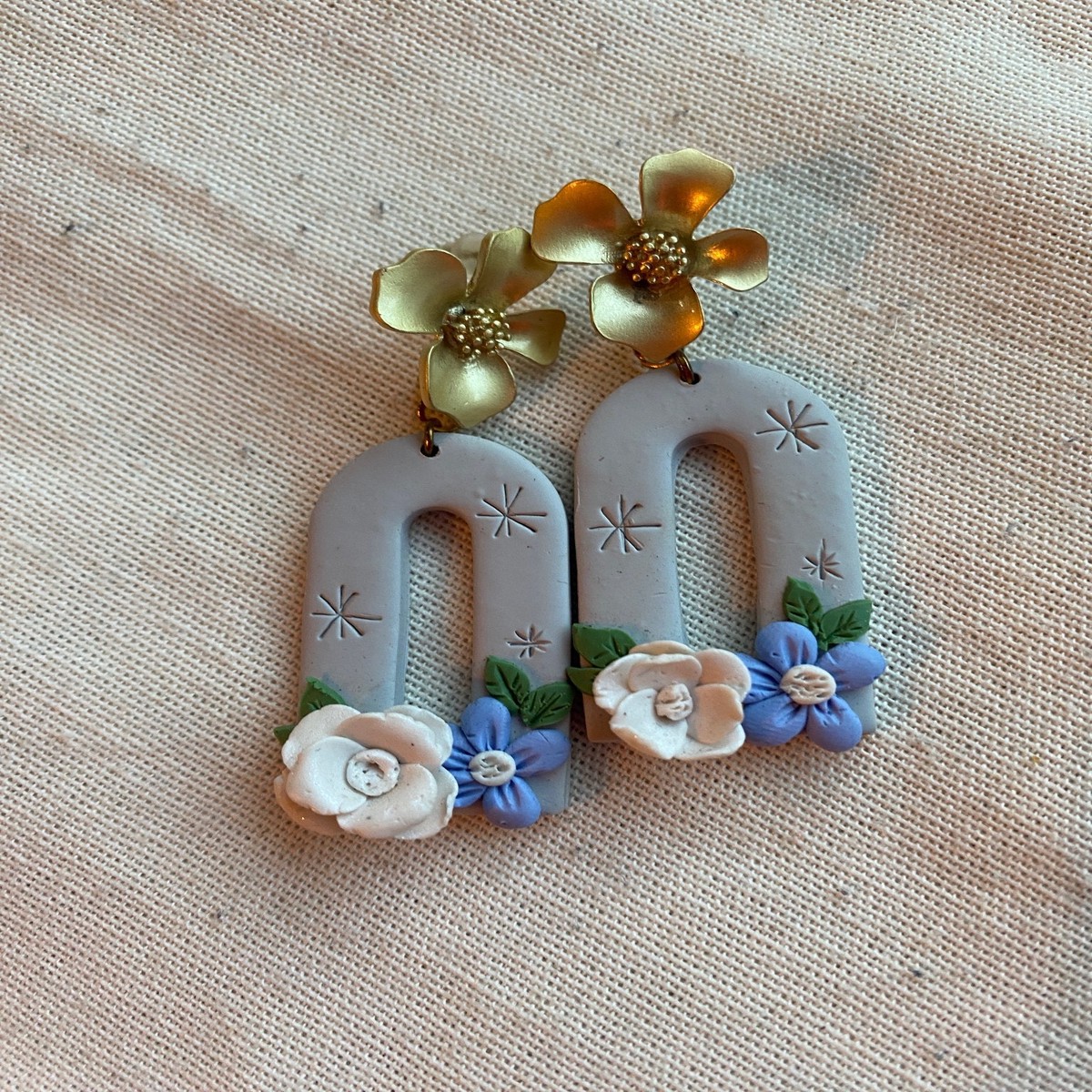 Handmade Blue Drop Clay Flower Stud Earrings