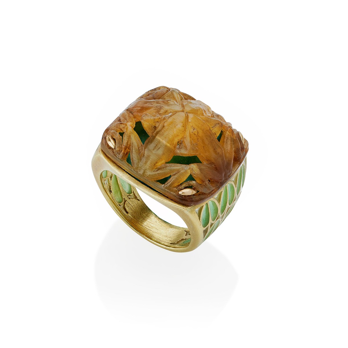 Ren Lalique Art Nouveau Carved Horn and Plique–jour Enamel Grenouilles or Frogs Ring