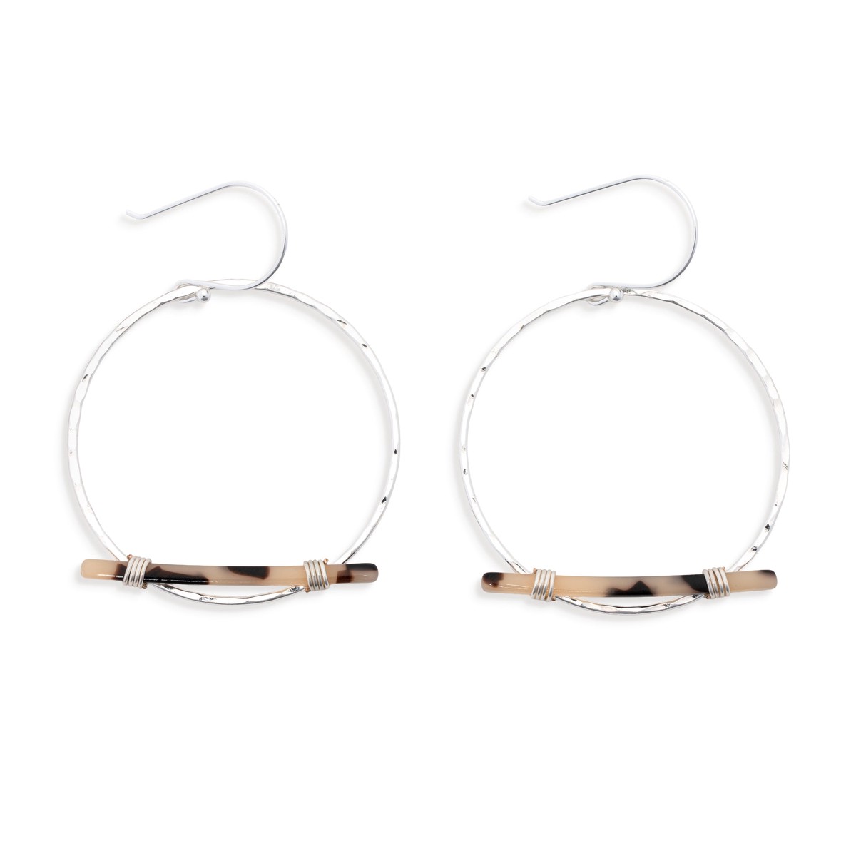 Destiny – Silver Hammered Hoop Tortoise Bar Earrings by Leslie Curtis