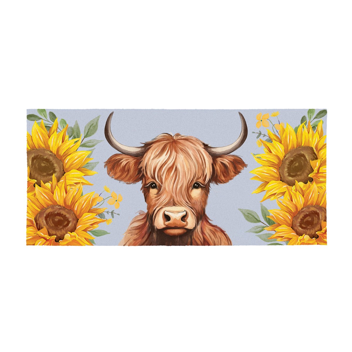 Grateful Gatherings Highland Cow and Sunflowers Flocked Coir Sassafras Mat 22×10