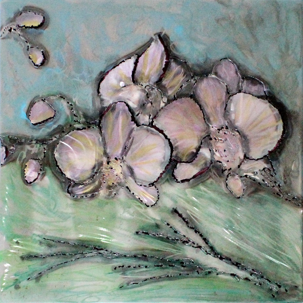 Tableau orchide – Sculpture murale tableau acier et encres