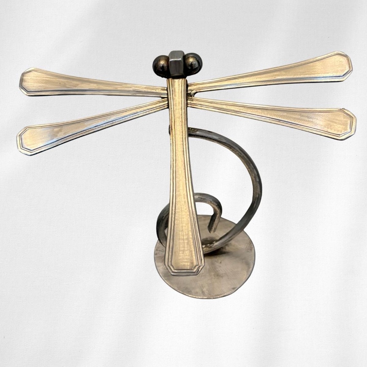 Upcycled Metal Dragonfly Sculpture Handcrafted Welded Silverware Art for Tabletop Bookshelf Desk Dcor Reclaimed Cutlery Home Dcor Handmade in Indiana 6