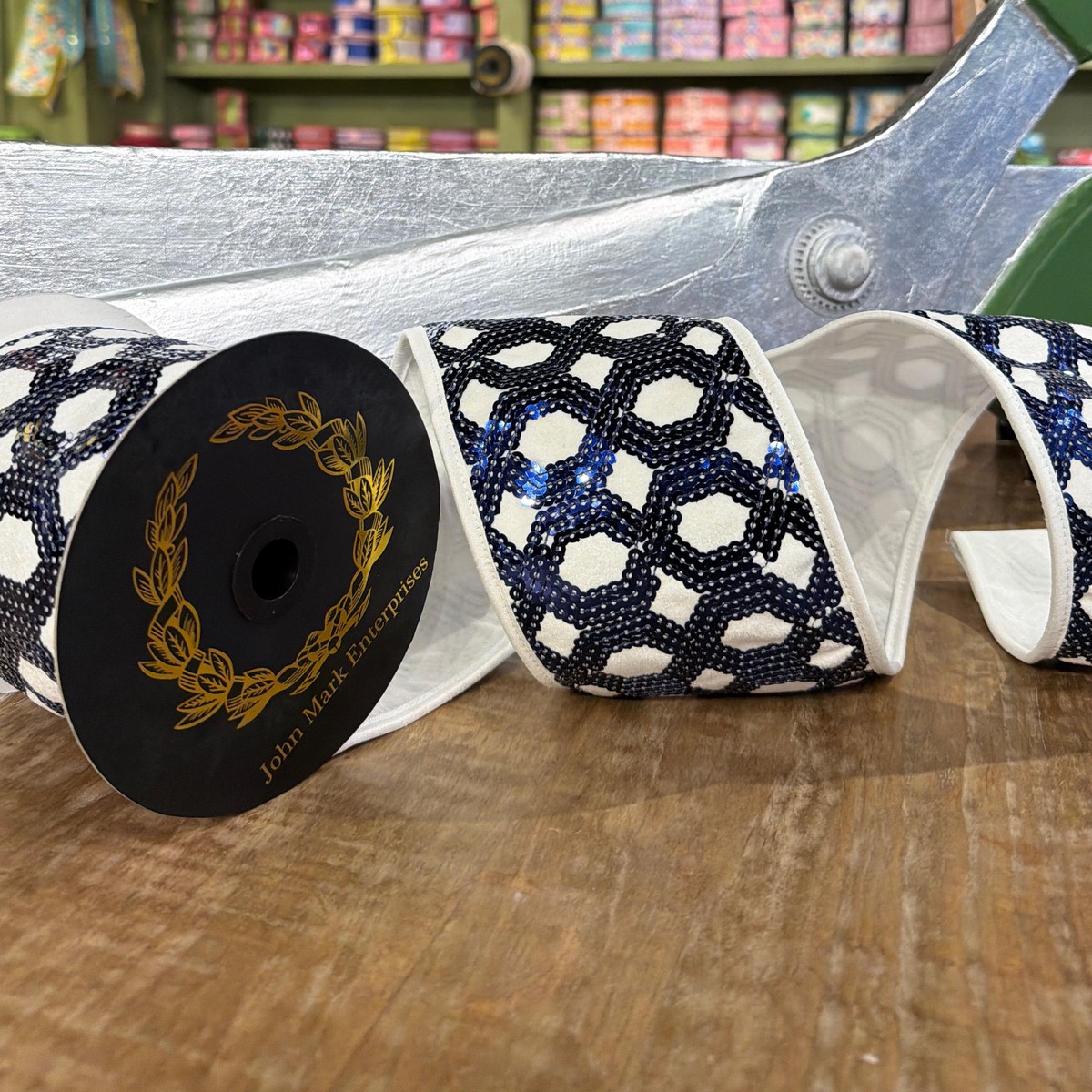 John Mark Blue Sequin Dupion Wired Ribbon – 4 x 5 yd