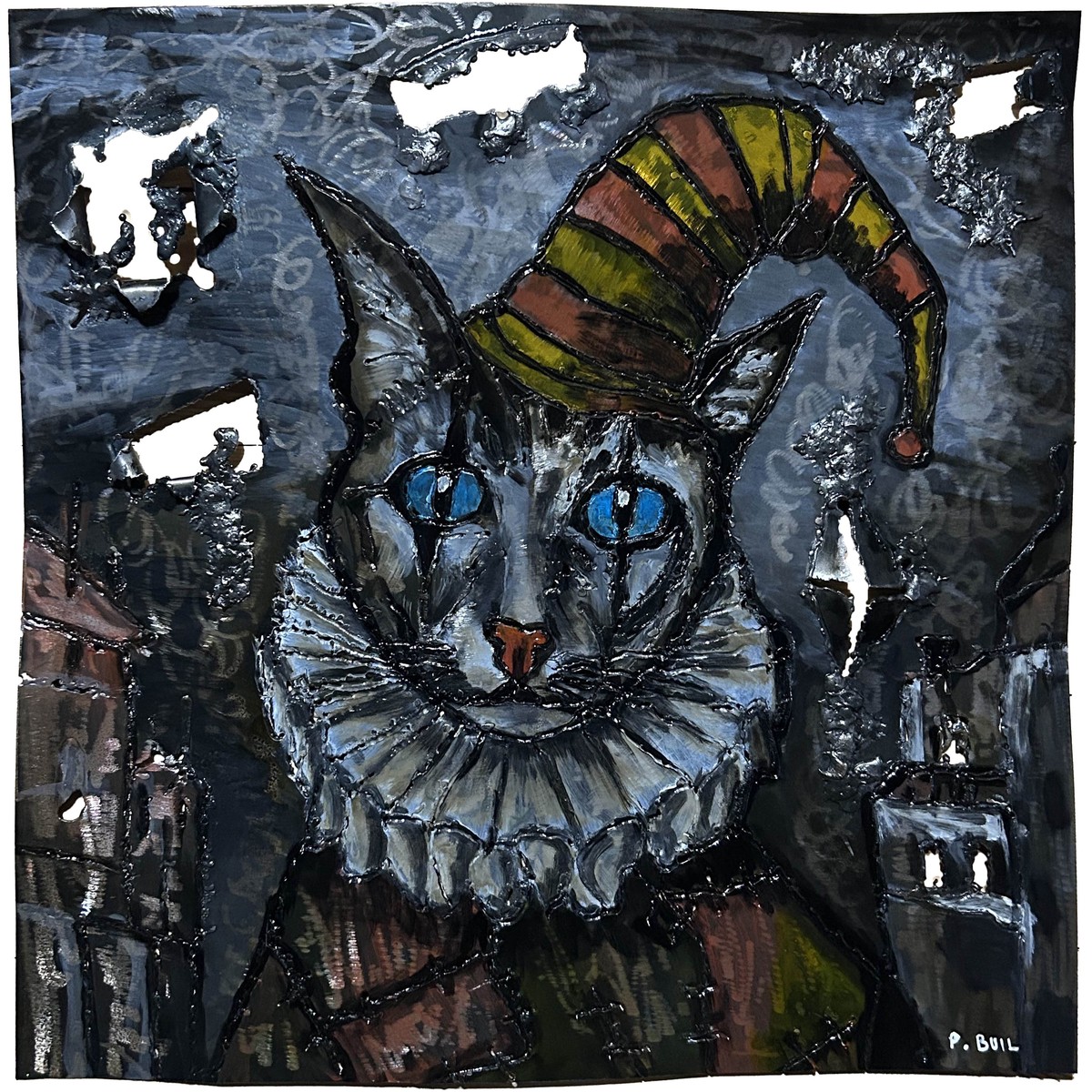 Tableau mtal – Chat arlequin