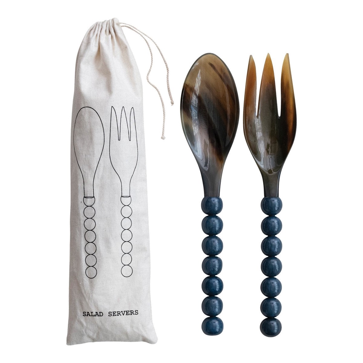 Natural Horn Salad Servers with Resin Handles Set of 2 in Bag (Each One Will Vary)